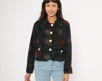 Embroidered Floral Jacket 2000s Black Cropped Cotton Blazer Multicolor Stitched Flower Top Colorful Rainbow Dark Cottagecore Hippie Large L