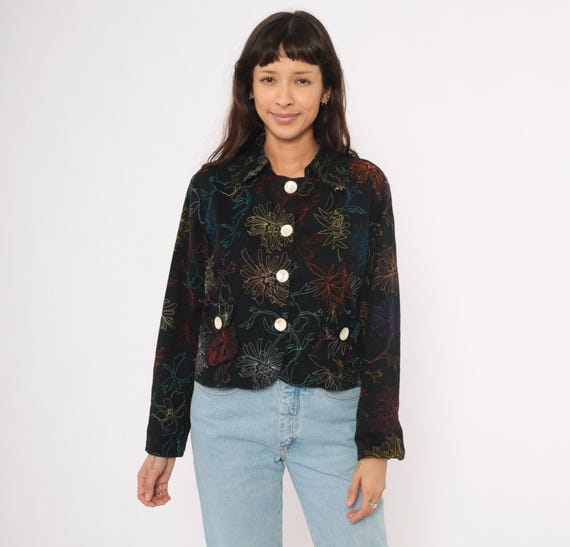 Embroidered Floral Jacket 2000s Black Cropped Cotton Blazer Multicolor Stitched Flower Top Colorful Rainbow Dark Cottagecore Hippie Large L