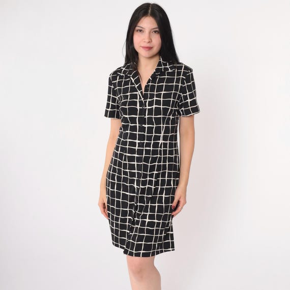 Vintage Black White Checkered Dress 90s Grid Print Shirt Dress Short Sleeve Button Up Shirtdress Sheath 1990s Preppy Petite Small Medium