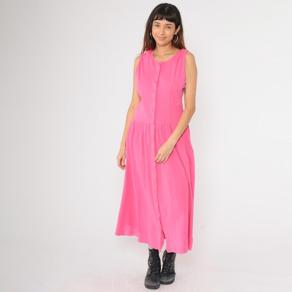 Vintage Pink Button Up Dress 80s 90s Sleeveless Cotton Knit Drop Waist Minimal Cottagecore Ankle Length Midi 1990s Casual Soft Grunge Medium