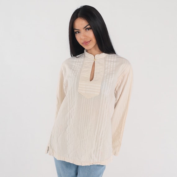 Hippie Shirt Y2K Tunic Top Cream Keyhole Bell Sleeve Blouse Long Wide Sleeve High Neck Bohemian Summer Earthy Cotton Vintage 1990s Medium M
