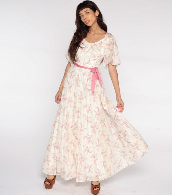 Floral Maxi Dress 70s Party Dress Off-White Pink Boho Pleated Dress 1970s Bohemian Vintage High Waist Retro Hippie Short Sleeve Small S