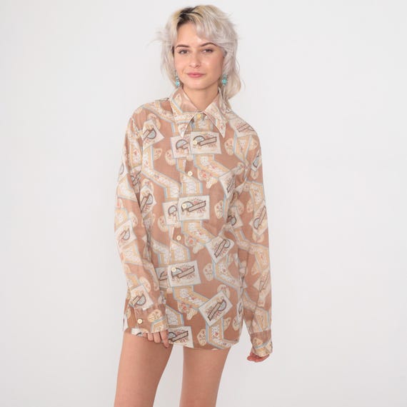 Garden Scene Blouse 70s Peach Button Down Novelty Print Architectural Floral Long Sleeve Vintage Cottage Core Grandma Chic Medium M