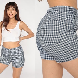 Checkered Shorts 70s Blue White Trouser Shorts Retro Preppy High Waisted Short Shorts Mod Pinup Hotpants Boho Summer Vintage 1970s Medium M