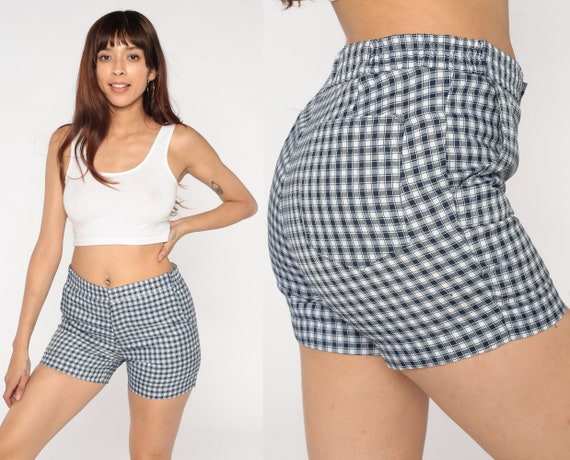 Checkered Shorts 70s Blue White Trouser Shorts Retro Preppy High Waisted Short Shorts Mod Pinup Hotpants Boho Summer Vintage 1970s Medium M
