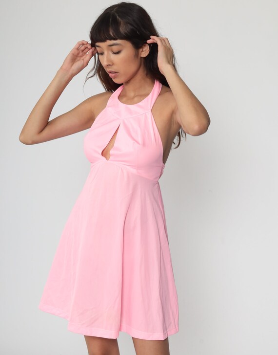 Halter Neck Dress 70s Mini Pink Keyhole Dress Ope… - image 4