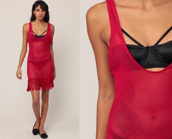 Sheer MESH Dress Burlesque Dress Red FRINGE Dress 90s Mini Dance Outfit Party Flapper Low Cut Out Shift Club Sleeveless Medium Large