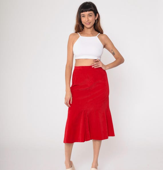 70s Red Velvet Midi Skirt Mermaid Trumpet Silhouette Flare Hem Back Zipper High Waisted Fitted Through Hips  Vintage Small S