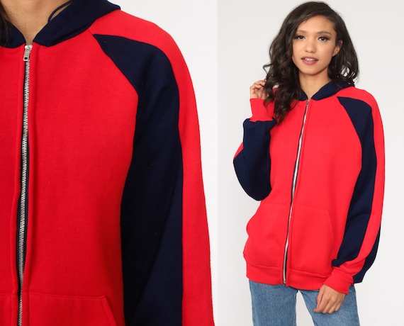 Hoodie Sweatshirt Red Zip Up Sweatshirt 80s Hooded Track Jacket Retro STRIPED Navy Blue Hood 1980s Vintage 70s Medium Large