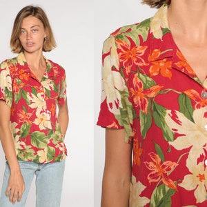 Tropical Floral Blouse Y2k Red Hawaiian Button Up Shirt Orchid Flower Leaf Print Retro Short Sleeve Top Silk Rayon Vintage 00s Medium Large
