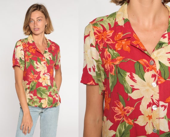Tropical Floral Blouse Y2k Red Hawaiian Button Up Shirt Orchid Flower Leaf Print Retro Short Sleeve Top Silk Rayon Vintage 00s Medium Large