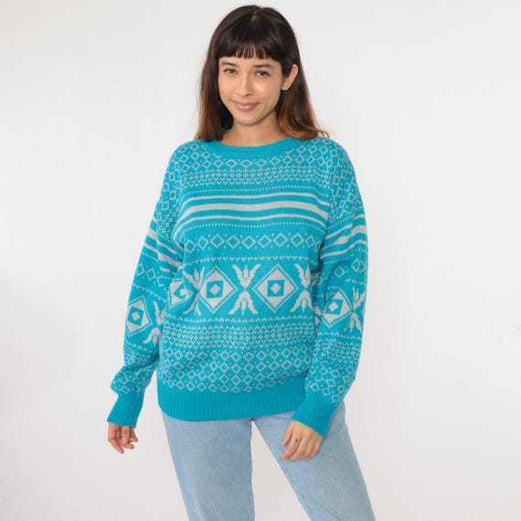 80s Geometric Sweater Vintage Bright Blue Pullover Knit Sweater Abstract Diamond Striped Crewneck Jumper White Acrylic 1980s Men's Medium M