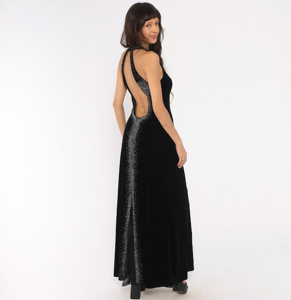 90s Rhinestone Halter Gown Dave And Johnny Velvet Maxi Dress Black Deep V Neck Open Back Sparkle Evening Formal Cocktail Party Large L