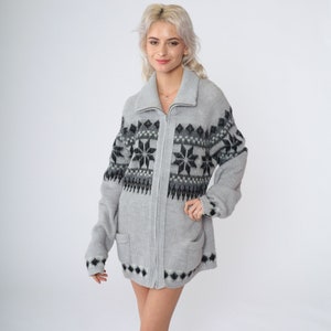 Snowflake Cardigan 80s Grey Zip Up Knit Sweater Fair Isle Nordic Print Grandpa Sweater London Fog Winter Acrylic Vintage 1980s Large L Tall