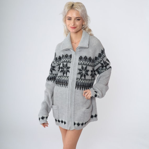 Snowflake Cardigan 80s Grey Zip Up Knit Sweater Fair Isle Nordic Print Grandpa Sweater London Fog Winter Acrylic Vintage 1980s Large L Tall