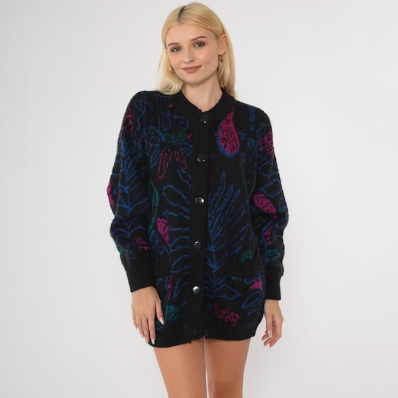 Vintage Paisley Cardigan Sweater 80s 90s Black Abstract Floral Wool Acrylic Blend Button Up Knit Retro Magenta Blue Oversized Medium
