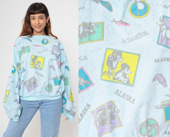 Vintage 80s Alaska Sweatshirt Thin Blue Wildlife Graphic Print Bear Fish Big Horn Sheep Pullover T-Shirt Retro Long Sleeve Extra Large xl