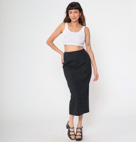 Long Black Skirt 90s Side Button Maxi Skirt Simple High Waisted Party Retro Boho Chic Gothic Plain Ankle Length Vintage 1990s  Medium M