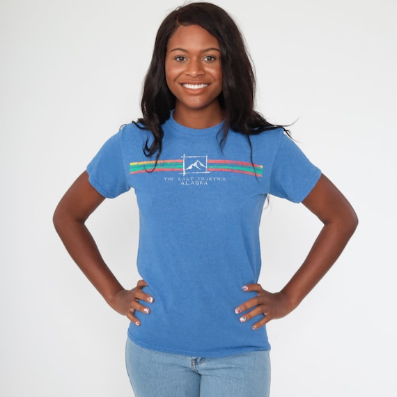 Alaska Shirt 90s The Last Frontier TShirt Vintage Retro Striped Graphic Shirt Screen Print 90s t shirt Royal Blue Extra Small xs