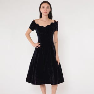 Vintage Dark Purple Velvet Dress Party 80s Midi Off Shoulder Dress Cocktail Fit and Flare 90s Going Out Dress Formal Midi Medium 8