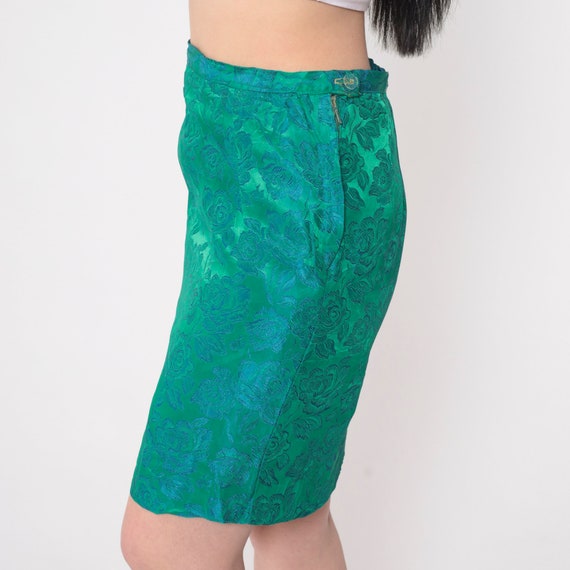 60s Floral Skirt Green Brocade Mini Skirt Blue Fo… - image 5