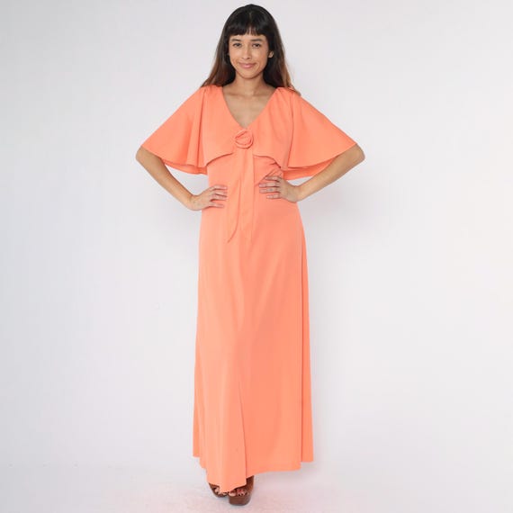 70s Orange Capelet Dress Bohemian Party Gown Grecian Disco Maxi Rosette Vintage 1970s Boho Formal High Waist Evening Gown V Neck Medium 8