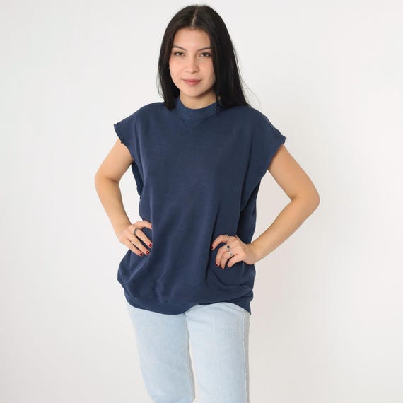 Vintage Navy Sleeveless Sweatshirt 90s Cut Off Muscle Tee Russell Athletic Plain Dark Blue Drop Shoulder Retro 1990s Top Extra Large xl