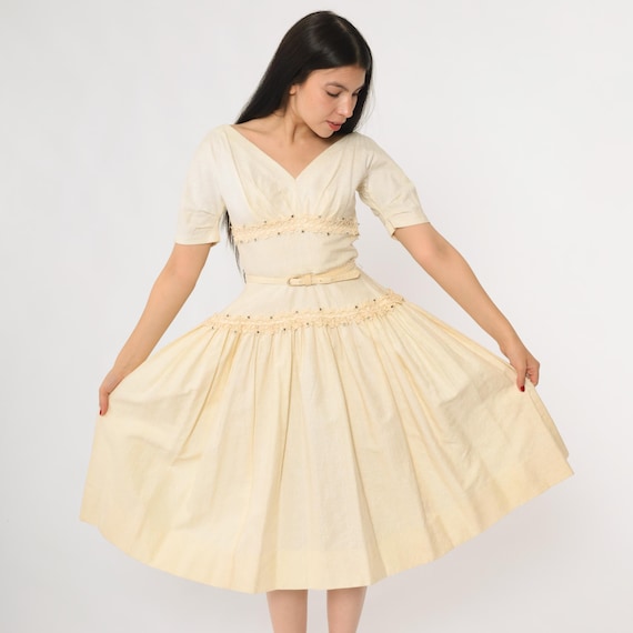 60s Cocktail Dress Ivory Rockabilly Pin Up Party Dress Belted Waist V Neck Short Sleeve Skirt Beaded Trim Mid Century Extra Small XS 11