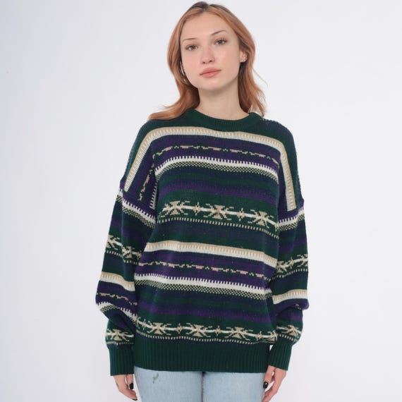 Fair Isle Sweater 90s Green Purple Cream Striped Geometric Pattern Vintage Pullover Cozy Knit Grandpa Winter Jumper Nordic Extra Large XL