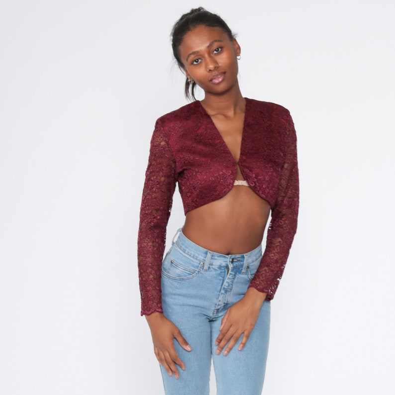 Lace Crop Top 90s Burgundy Shirt Long Sheer Sleeve Blouse | Etsy