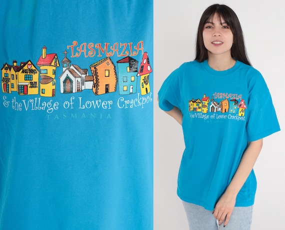 Tasmazia Shirt 90s Tazmania Australia T-Shirt Village Of Lower Crackpot Maze Graphic Tee Retro Tourist Tshirt Blue Vintage 1990s Large L