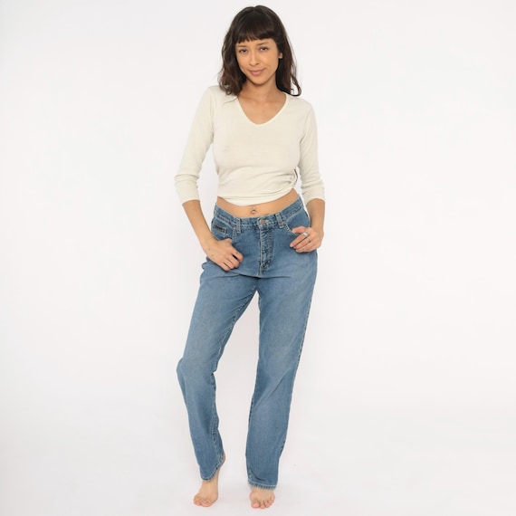 2000s Bootcut Jeans Denim High Rise Cotton Straight Leg Medium Wash Blue Faded Vintage Pants Y2K Mom Trousers Casual Bottoms Large L