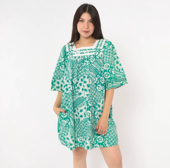 90s Teal Batik Print Dress Cotton Square Neck Puff Sleeve Green White Floral Trapeze Babydoll Summer Vacation Sundress Expressions Medium M