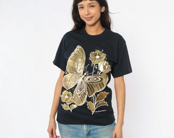 Gold Butterfly Tee 90s Graphic Black Floral T-Shirt Screen Stars Best Nature Print Metallic Flowers Vintage Cottagecore Aesthetic Medium M