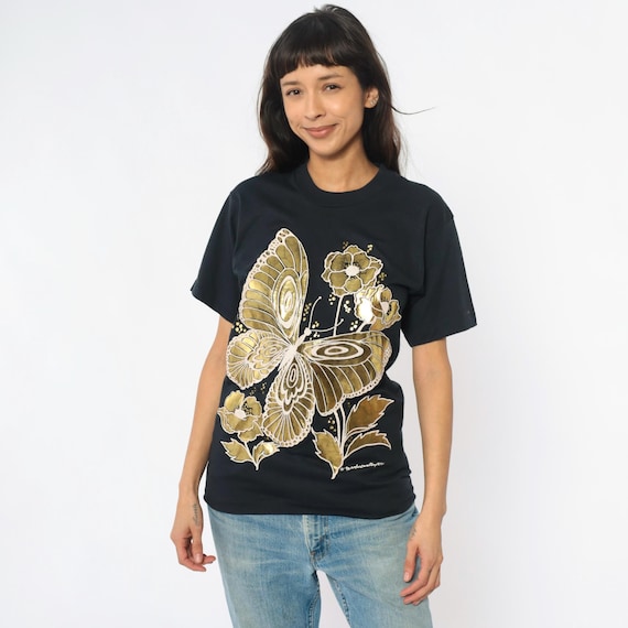 Gold Butterfly Tee 90s Graphic Black Floral T-Shirt Screen Stars Best Nature Print Metallic Flowers Vintage Cottagecore Aesthetic Medium M