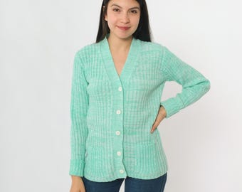 Cárdigan vintage con teñido espacial, suéter verde menta moteado de los años 70, suéter con cuello en V y botones, tejido bohemio, estilo retro bohemio hippie, otoño de los años 70, talla pequeña.