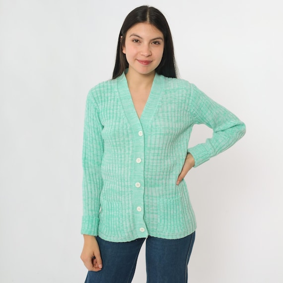 Vintage Space Dye Cardigan 70s Mottled Mint Green Sweater Button up V Neck Sweater Boho Knit Retro Bohemian Hippie Fall 1970s Small S