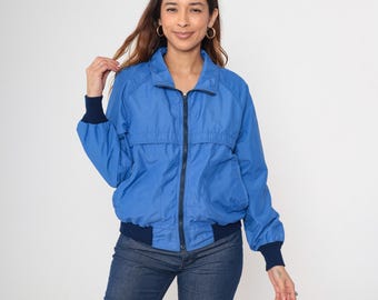 Royal Blue Jacket 80s Windbreaker Retro Ribbed Zip Up Bomber Jacket Dark Blue Plain Gorpcore Raglan Sleeve Vintage 1980s Preppy Medium M