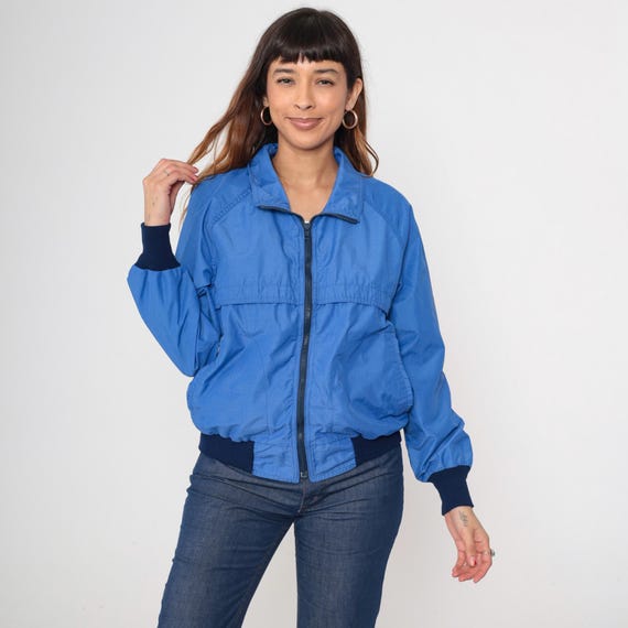 Royal Blue Jacket 80s Windbreaker Retro Ribbed Zip Up Bomber Jacket Dark Blue Plain Gorpcore Raglan Sleeve Vintage 1980s Preppy Medium M