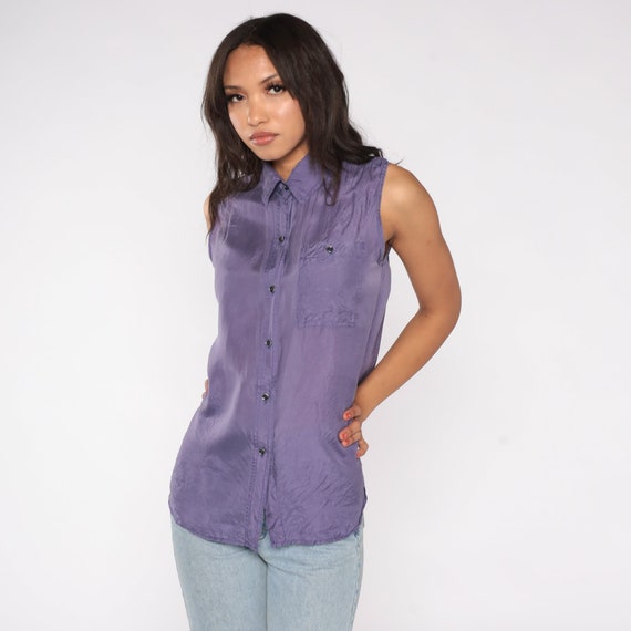 Purple Silk Top 90s Button up Shirt Retro Sleeveless Blouse Simple Solid Preppy Tank Top Minimalist Vintage 1990s Medium