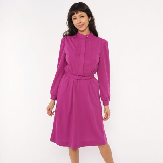 Magenta Pintuck Dress 80s Belted Fuchsia Puff Sleeve Stand Collar Button Front Cotton Blend Pink Secretary Office Vintage JcPenney Small S