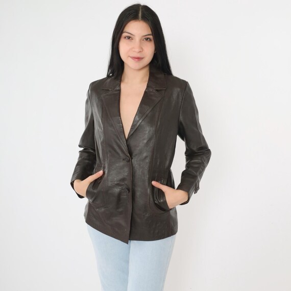 Vintage 70s Brown Leather Blazer Jacket Bohemian Boho Hippie V Neck 1970s Tailored Collared Button Up Preppy Small Medium