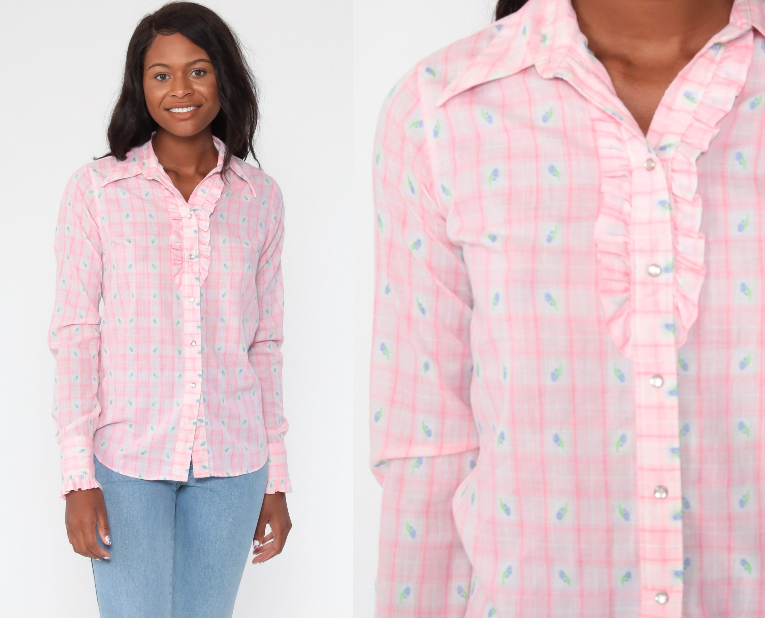 Pearl Snap Shirt 70s Western Plaid Top 