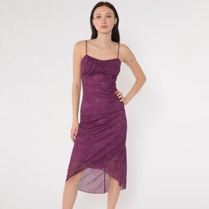 Y2K Purple Ruched Floral Midi Dress Vintage Spaghetti Strap Bodycon  Asymmetrical Hem Glitter Detailing Sheer Overlay Taboo Small S - Etsy