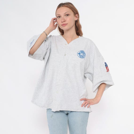 90s Baseball Jersey EAA Oshkosh Volunteer Shirt Gray Henley Aviation Patches Short Sleeve Boxy Normcore Motorsport Traditions Extra Large XL