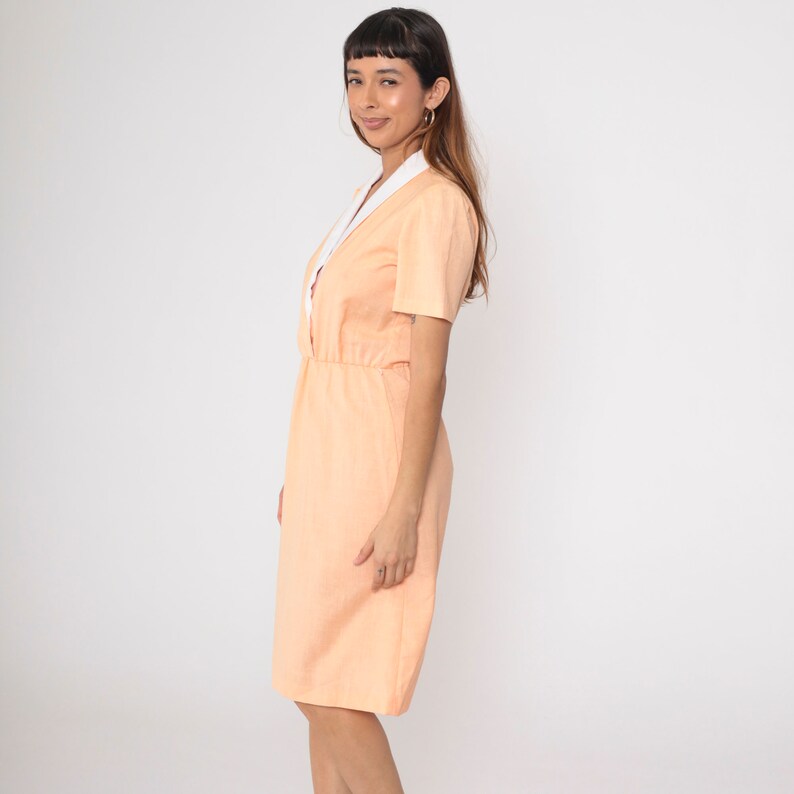 Peach Wrap Dress 80s Midi Double Breasted Button Up Dress V Neck High Waist Secretary Short Sleeve 1980s Vintage Collared Day Dress Medium image 4