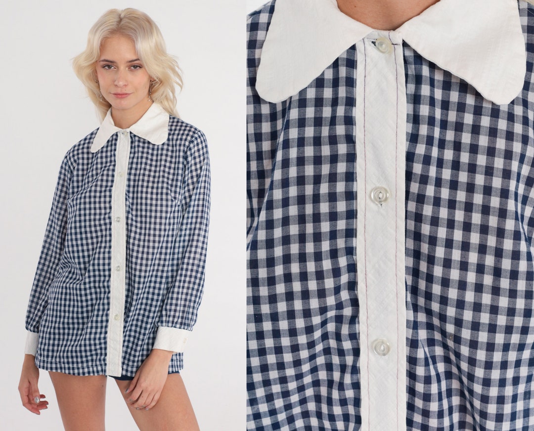 Blue Gingham Blouse 70s Checkered Shirt Long Sleeve Button up White