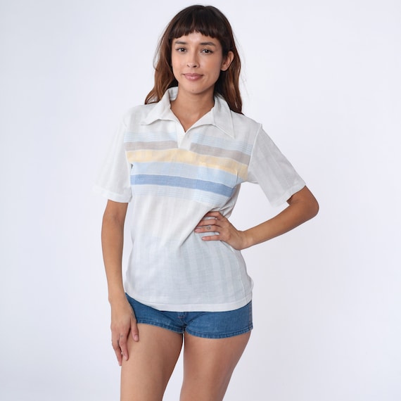 Striped Polo Shirt 70s Shirt White Half Button Up Shirt Baby Blue Polo Shirt Collared 1970s Chest Pocket Nerd Retro Vintage Small Medium