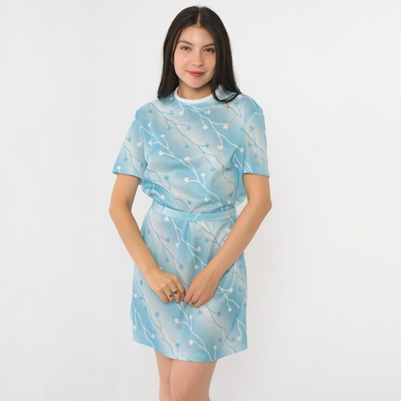 Vintage Blue Floral Shift Dress 60s 70s Mod Mini White Print Hippie Dress Belted 1970s Gogo Twiggy Sixties Minidress Short Sleeve Large L