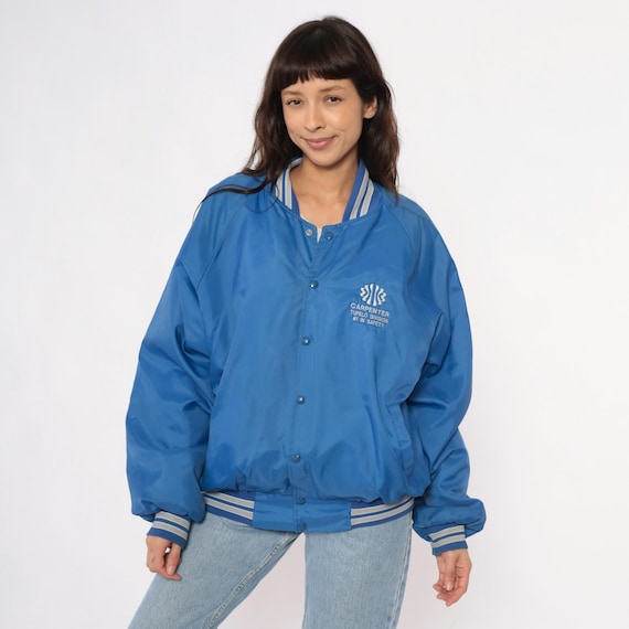 Blue Bomber Jacket 80s Varsity Style Striped Ribbed Trim Snap Button Front Work Company Embroidered Logo Windbreaker Unisex Vintage Medium M